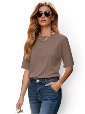 🆕️ Huukeay Womens Half Sleeve Crewneck Casual Brown Top Size Large